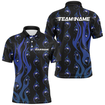 Custom Blue Flame Bowling Shirts For Men, Bowling League Shirts With Team Name IPHW6970
