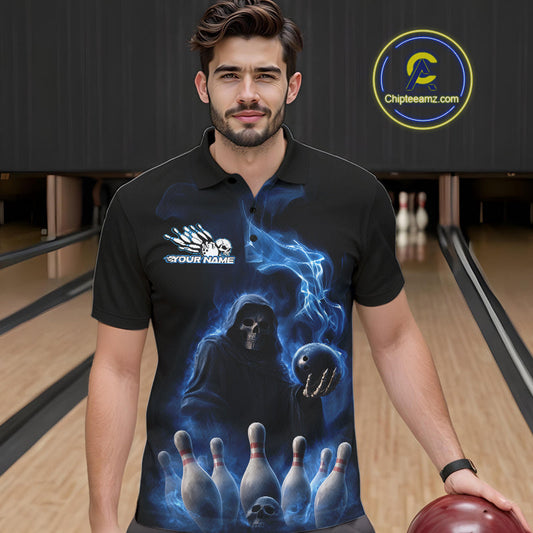 Custom Blue Flame Grim Reaper Bowling Men Polo Shirts, Skull Halloween Bowler Outfit IPHW9734