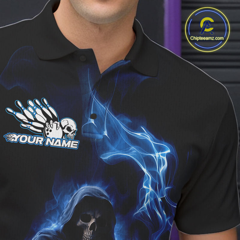 Custom Blue Flame Grim Reaper Bowling Men Polo Shirts, Skull Halloween Bowler Outfit IPHW9734