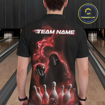Custom Red Flame Grim Reaper Bowling Men Polo Shirts, Skull Halloween Bowler Outfit IPHW9735