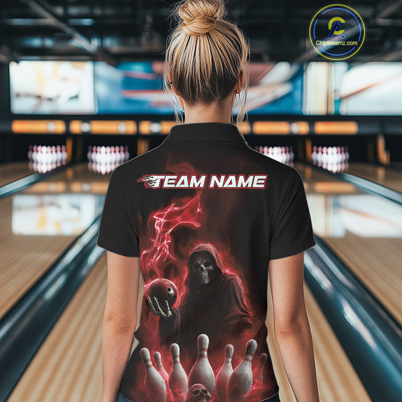 Custom Red Flame Grim Reaper Bowling Women Polo Shirts, Skull Halloween Bowler Outfit IPHW9735