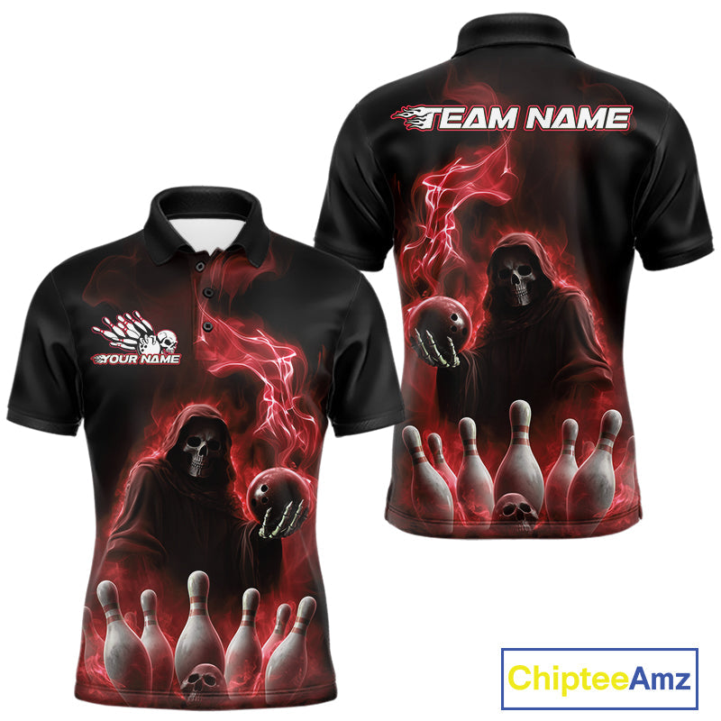 Custom Red Flame Grim Reaper Bowling Men Polo Shirts, Skull Halloween Bowler Outfit IPHW9735