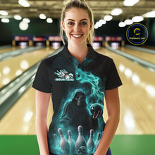 Load image into Gallery viewer, Custom Turquoise Blue Flame Grim Reaper Bowling Women Polo Shirt, Halloween Bowler Outfit IPHW9736