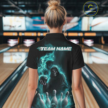 Load image into Gallery viewer, Custom Turquoise Blue Flame Grim Reaper Bowling Women Polo Shirt, Halloween Bowler Outfit IPHW9736