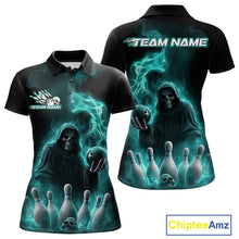 Load image into Gallery viewer, Custom Turquoise Blue Flame Grim Reaper Bowling Women Polo Shirt, Halloween Bowler Outfit IPHW9736