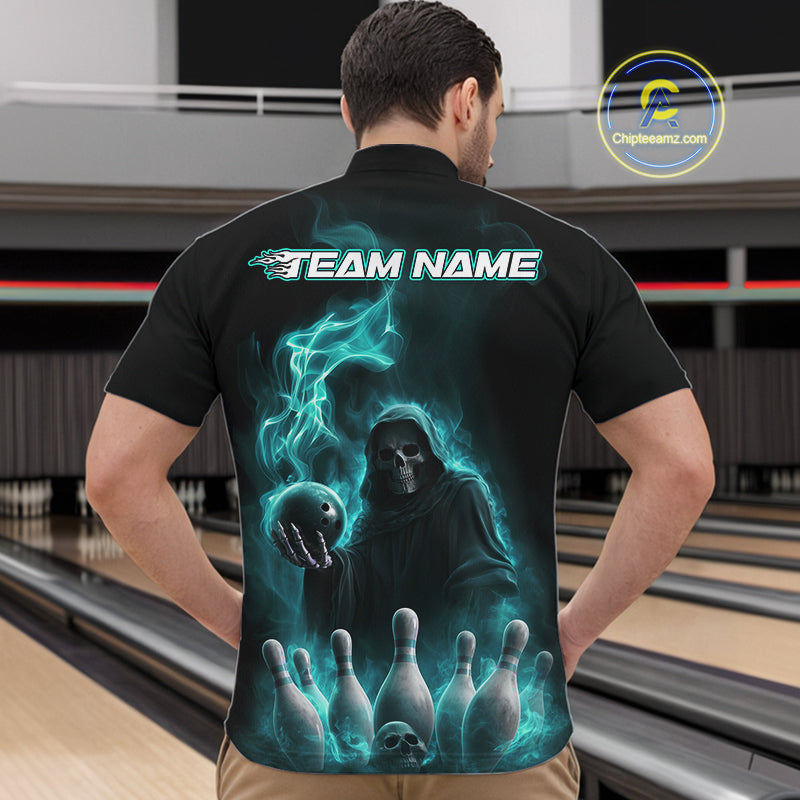 Custom Turquoise Blue Flame Grim Reaper Bowling Men Quarter-Zip Shirts, Halloween Bowler Outfit IPHW9736