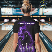 Load image into Gallery viewer, Custom Purple Flame Grim Reaper Bowling Women Polo Shirts, Halloween Bowler Outfit IPHW9737