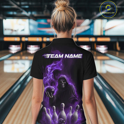 Custom Purple Flame Grim Reaper Bowling Women Quarter-Zip Shirts, Halloween Bowler Outfit IPHW9737