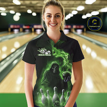 Load image into Gallery viewer, Custom Green Flame Grim Reaper Bowling Women Polo Shirts, Halloween Bowler Outfit IPHW9738