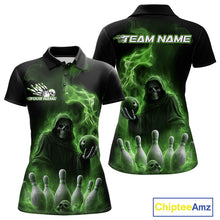 Load image into Gallery viewer, Custom Green Flame Grim Reaper Bowling Women Polo Shirts, Halloween Bowler Outfit IPHW9738