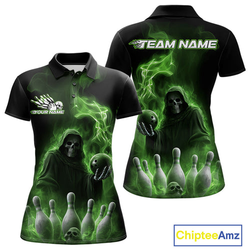 Custom Green Flame Grim Reaper Bowling Women Polo Shirts, Halloween Bowler Outfit IPHW9738