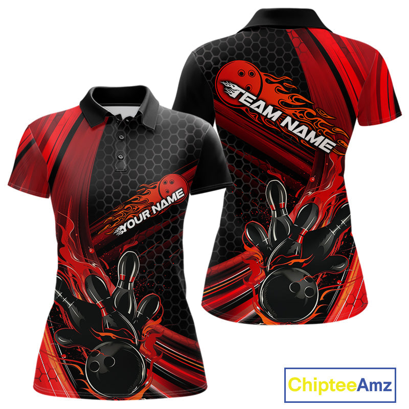 Custom Black And Red Flame Bowling Jerseys, Bowling Team Polo Shirts For Women IPHW9884
