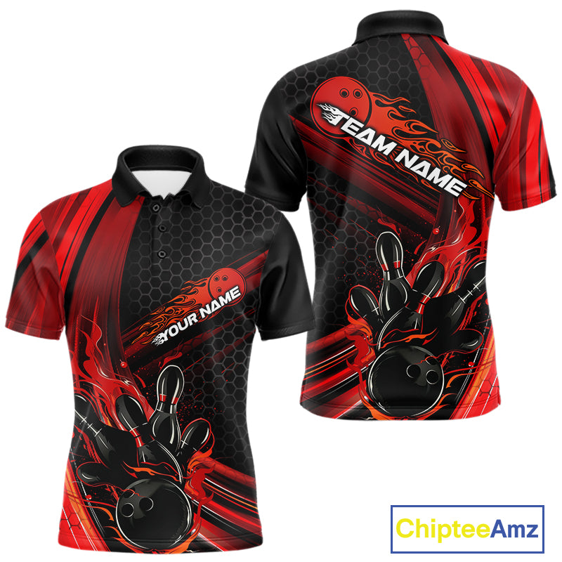 Custom Black And Red Flame Bowling Jerseys, Bowling Team Polo Shirts For Men IPHW9884