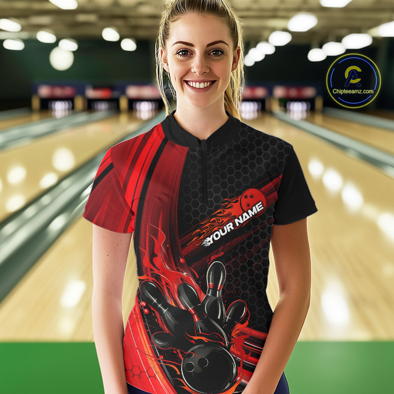 Custom Black And Red Flame Bowling Jerseys, Bowling Team Quarter-Zip Shirts For Women IPHW9884