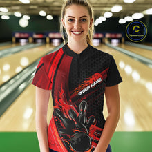 Load image into Gallery viewer, Custom Black And Red Flame Bowling Jerseys, Bowling Team Quarter-Zip Shirts For Women IPHW9884