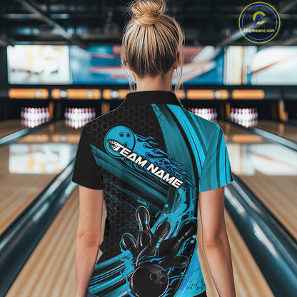 Custom Black And Blue Flame Bowling Jerseys, Bowling Team Quarter-Zip Shirts For Women IPHW9885
