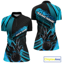 Load image into Gallery viewer, Custom Black And Blue Flame Bowling Jerseys, Bowling Team Quarter-Zip Shirts For Women IPHW9885