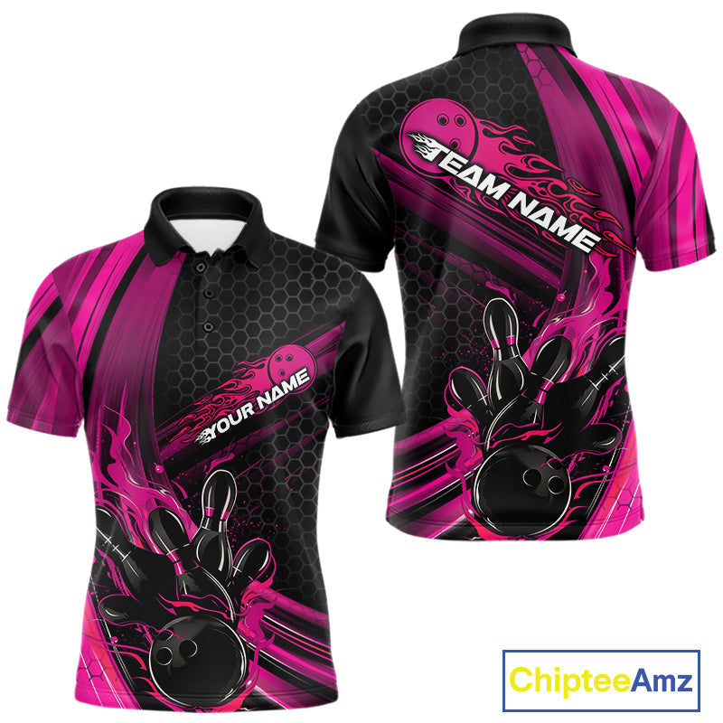 Custom Black And Pink Flame Bowling Jerseys, Bowling Team Polo Shirts For Men IPHW9886