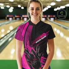 Load image into Gallery viewer, Custom Black And Pink Flame Bowling Jerseys, Bowling Team Quarter-Zip Shirts For Women IPHW9886