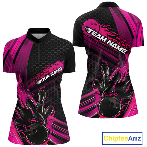 Custom Black And Pink Flame Bowling Jerseys, Bowling Team Quarter-Zip Shirts For Women IPHW9886