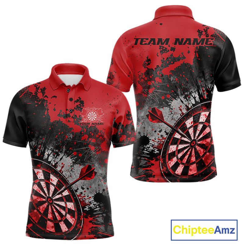 Custom Black And Red Splatter Dart Men Polo Shirt, Grunge Style Dart Team Jerseys IPHW10053