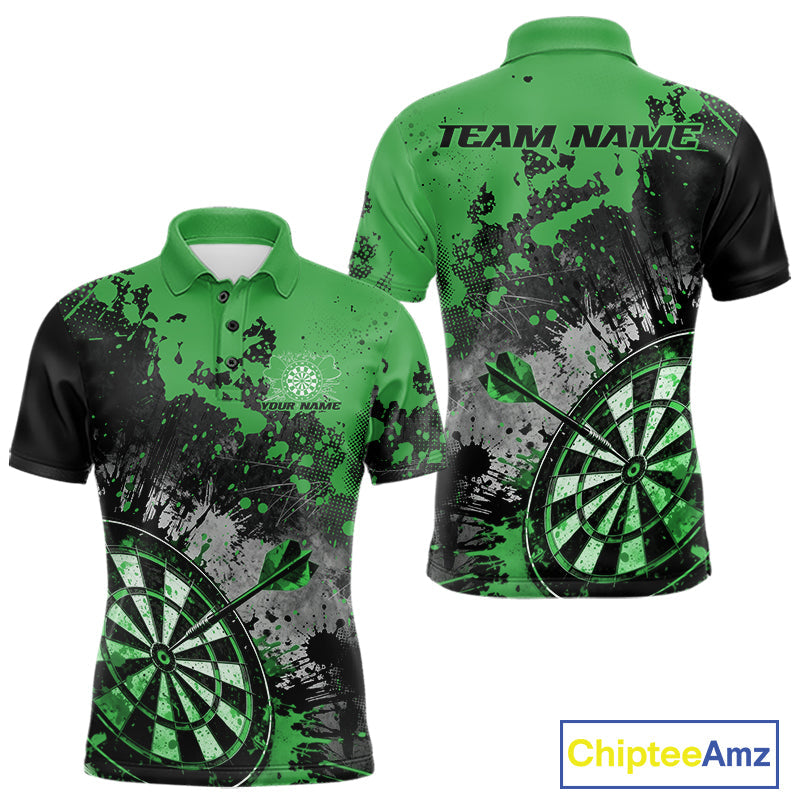 Custom Black And Green Splatter Dart Men Polo Shirt, Grunge Style Dart Team Jerseys IPHW10054