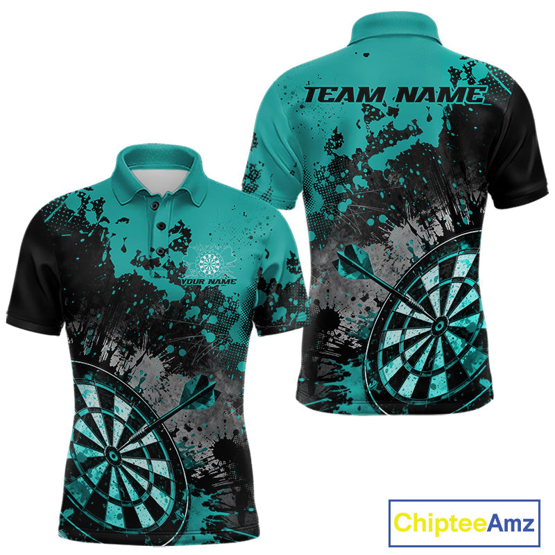 Custom Black And Blue-Green Splatter Dart Men Polo Shirt, Grunge Style Dart Team Jerseys IPHW10055