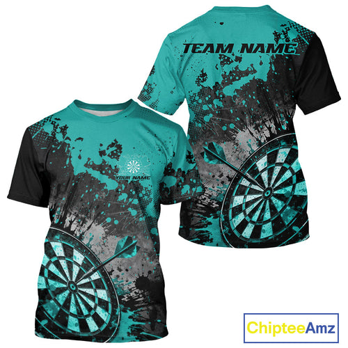 Custom Black And Blue-Green Splatter Dart Men T-Shirts, Grunge Style Dart Team Jerseys IPHW10055