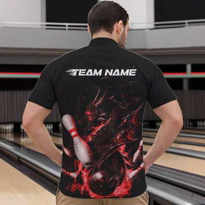 Custom Black And Red Flame Dragon Bowling Quarter-Zip Shirts For Men, Bowling Tournament Team Shirt IPHW8415