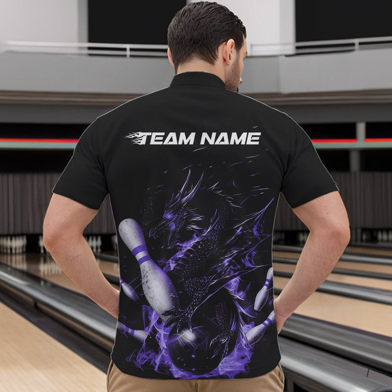 Custom Black And Purple Flame Dragon Bowling Quarter-Zip Shirts For Men, Bowling Team Shirt IPHW8416