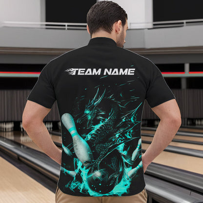 Custom Black And Blue Flame Dragon Bowling Quarter-Zip Shirts For Men, Bowling Tournament Team Shirt IPHW8417