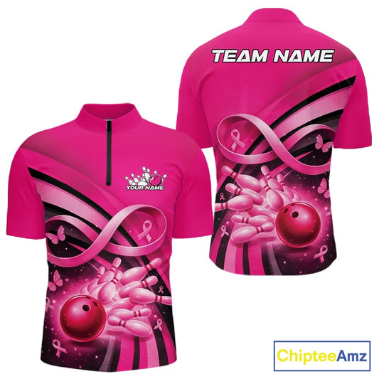 Front and back view of a mens bowling quarter zip shirt mockup in pink, featuring breast cancer awareness ribbons, butterflies, and bowling-themed design elements.
