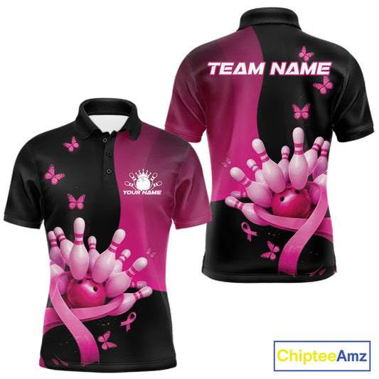 Front and back view of a mens bowling polo shirt mockup in black and pink, featuring breast cancer awareness pink ribbons, butterflies, and bowling graphics.