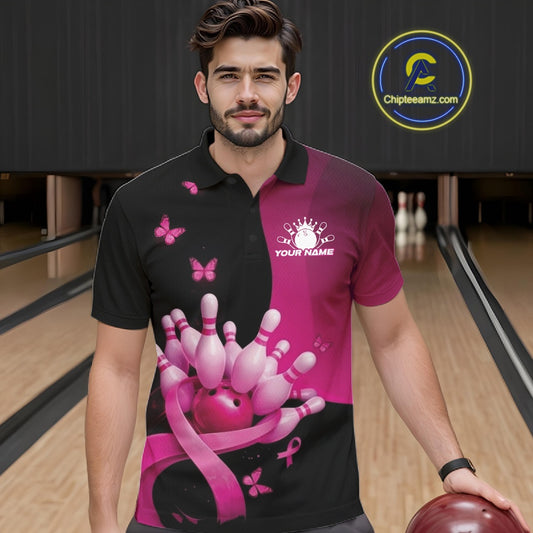 Male model in a bowling lane wearing a black and pink polo shirt with pink ribbon accents, butterflies, and bowling-themed graphics.