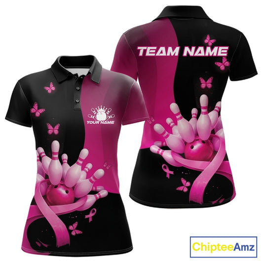 Front and back view of a womens bowling polo shirt mockup in black and pink, featuring breast cancer awareness pink ribbons, butterflies, and bowling graphics.