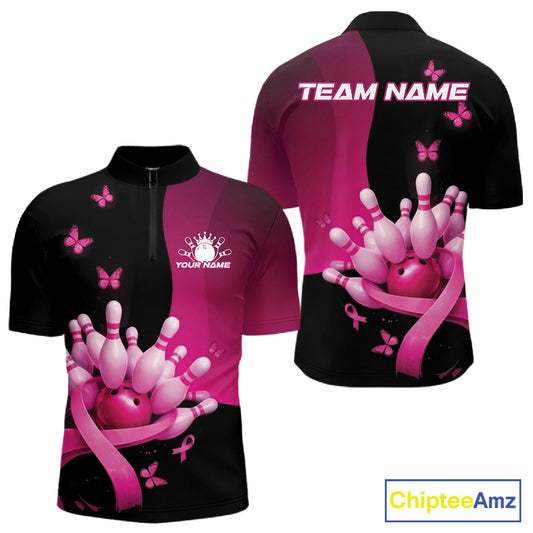 Front and back view of a mens bowling quarter zip shirt mockup in black and pink, featuring breast cancer awareness ribbons, butterflies, and bowling graphics.