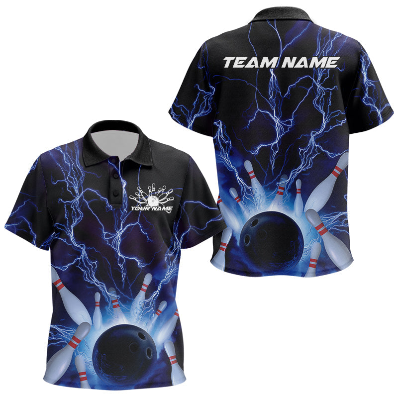 Custom Blue Thunder Lightning Bowling Ball And Pins Polo Shirts For Kid, Team Uniform IPHW9507