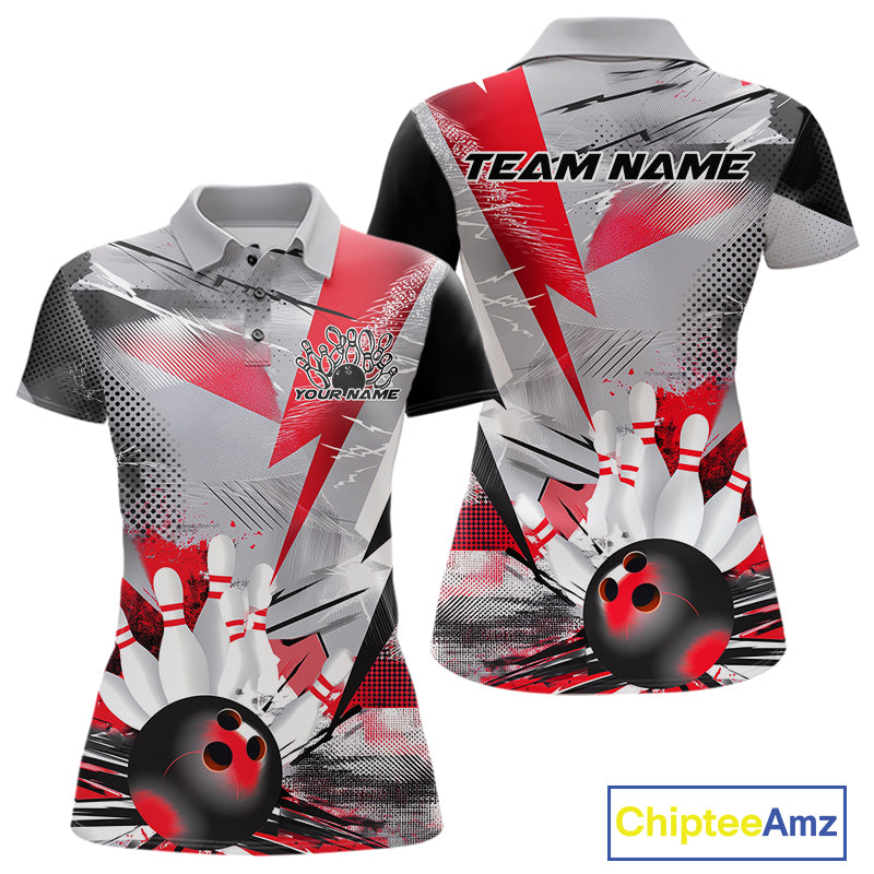 Custom Red And Gray Geometric Bowling Jerseys Bowling Team Polo Shirts For Women IPHW9508