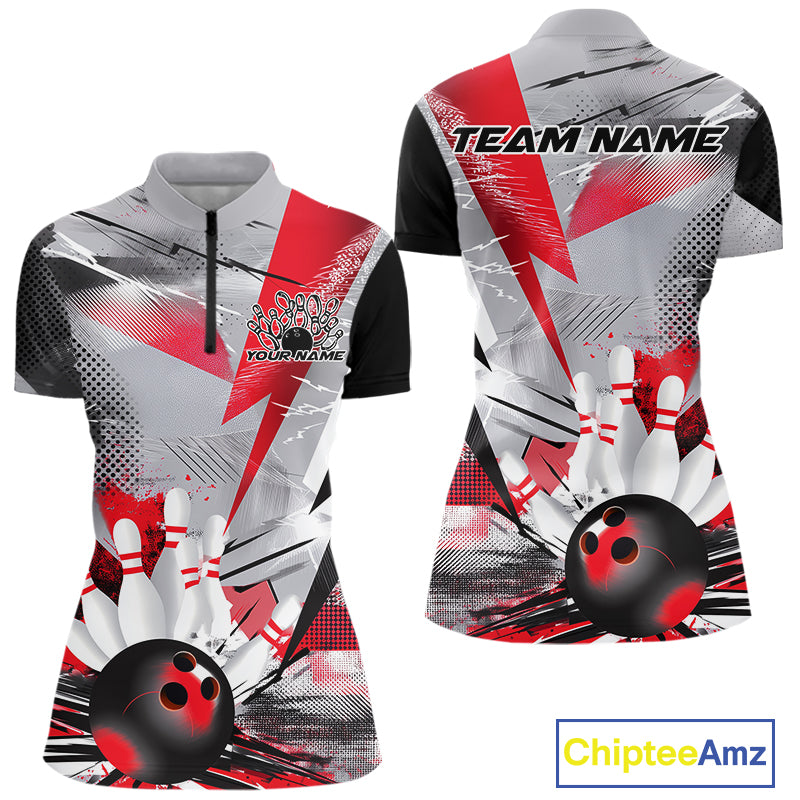 Custom Red And Gray Geometric Bowling Jerseys Bowling Team Quarter-Zip Shirts For Women IPHW9508