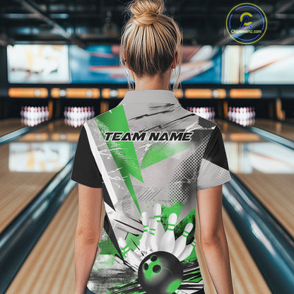 Custom Green And Gray Geometric Bowling Jerseys Bowling Team Polo Shirts For Women IPHW9510
