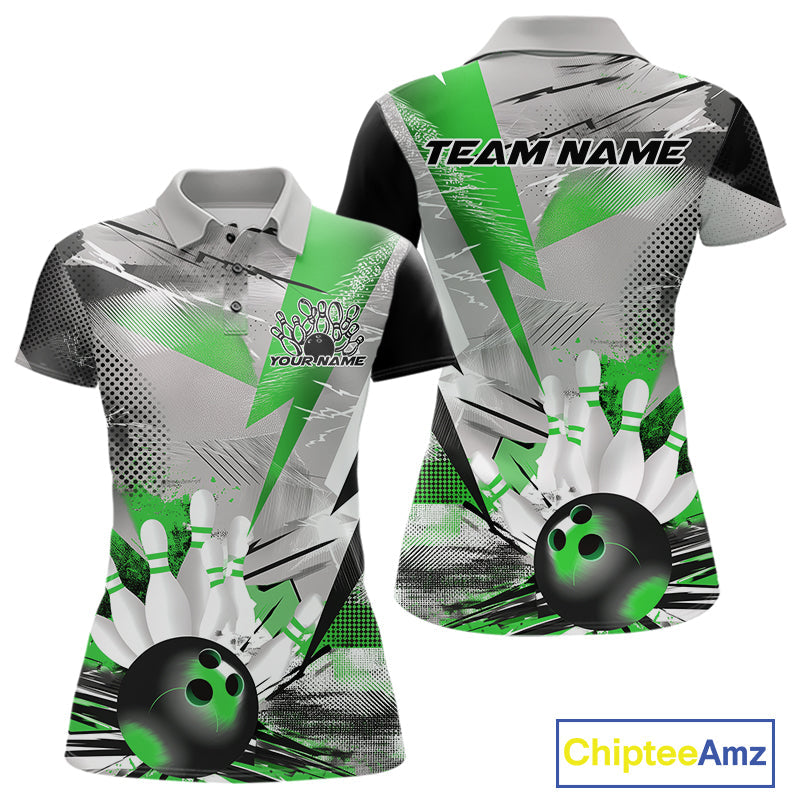 Custom Green And Gray Geometric Bowling Jerseys Bowling Team Polo Shirts For Women IPHW9510