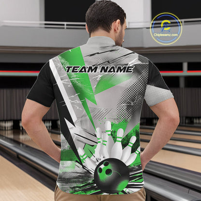 Custom Green And Gray Geometric Bowling Jerseys Bowling Team Quarter-Zip Shirts For Men IPHW9510