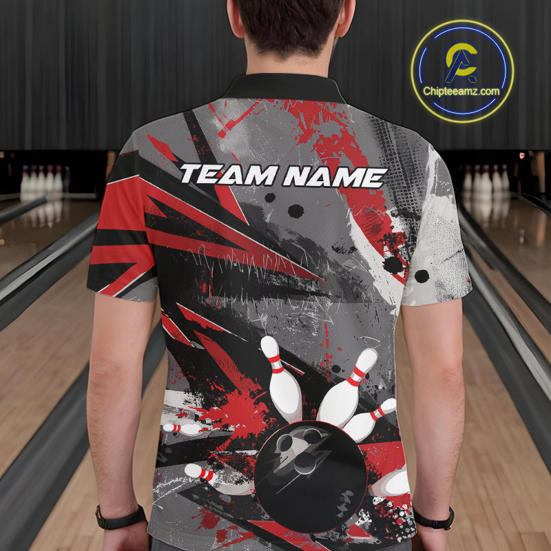 Custom Grunge Red Bowling Polo Shirts For Men, Vintage Bowling Team Shirts IPHW9511