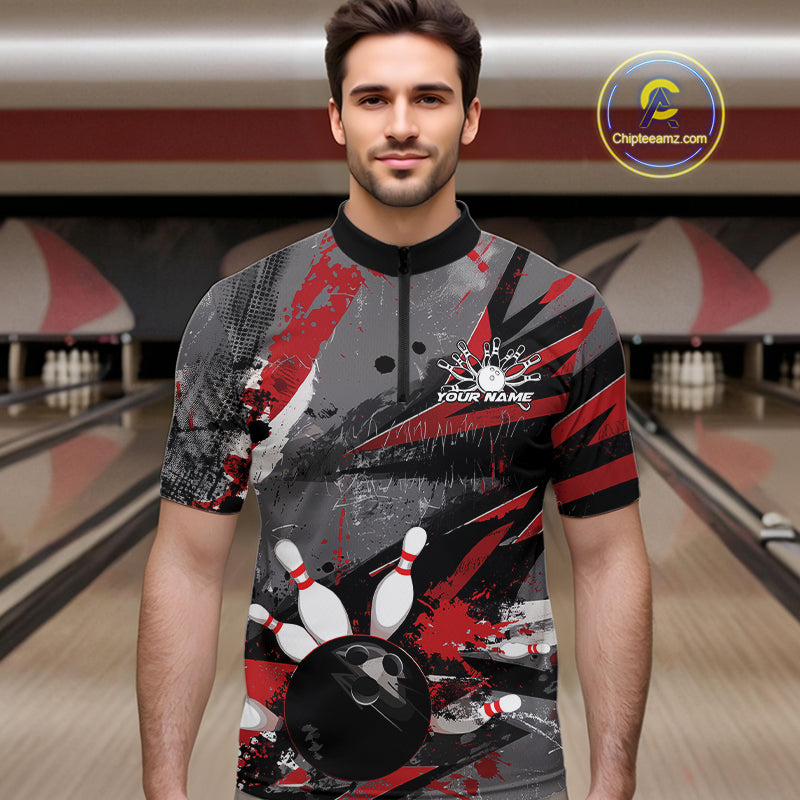 Custom Grunge Red Bowling Quarter-Zip Shirts For Men, Vintage Bowling Team Shirts IPHW9511