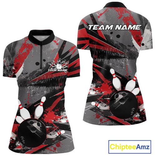 Custom Grunge Red Bowling Quarter-Zip Shirts For Women, Vintage Bowling Team Shirts IPHW9511