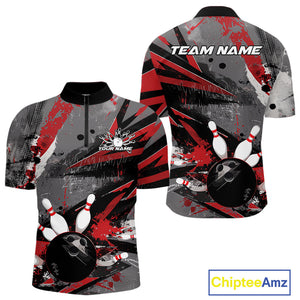 Custom Grunge Red Bowling Quarter-Zip Shirts For Men, Vintage Bowling Team Shirts IPHW9511
