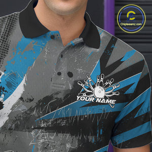 Custom Grunge Blue Bowling Polo Shirts For Men, Vintage Bowling Team Shirts IPHW9512