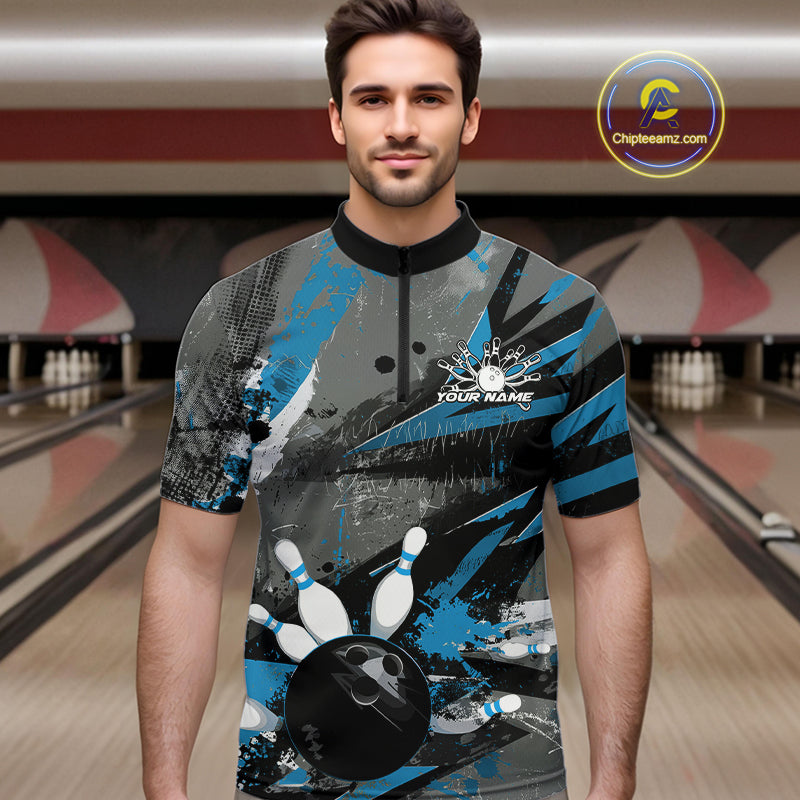 Custom Grunge Blue Bowling Quarter-Zip Shirts For Men, Vintage Bowling Team Shirts IPHW9512