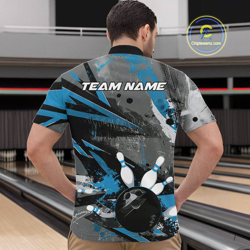 Custom Grunge Blue Bowling Quarter-Zip Shirts For Men, Vintage Bowling Team Shirts IPHW9512
