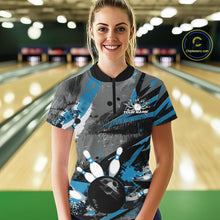 Load image into Gallery viewer, Custom Grunge Blue Bowling Quarter-Zip Shirts For Women, Vintage Bowling Team Shirts IPHW9512